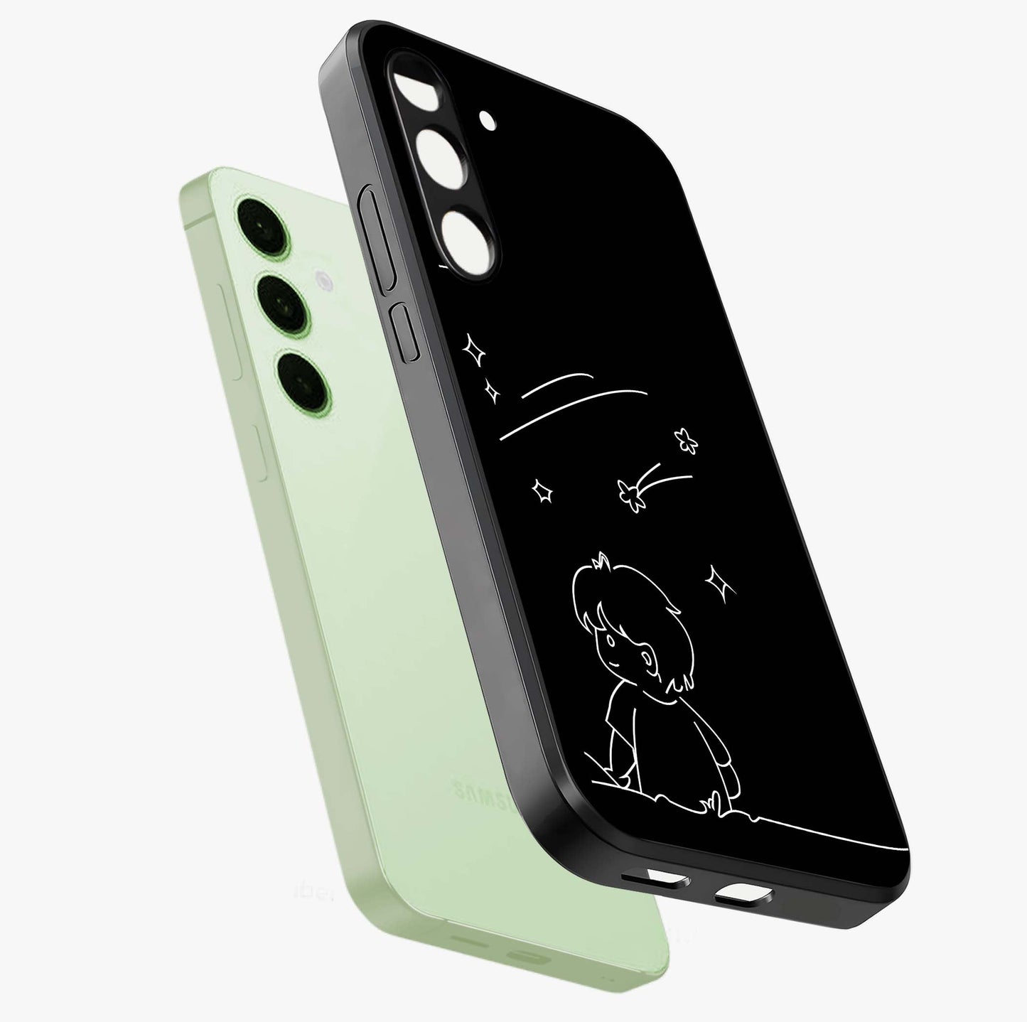 Line Art Boy With Shooting Stars Glass Case displayed in angled mockup highlighting elegant line art design with dreamy star aesthetic.