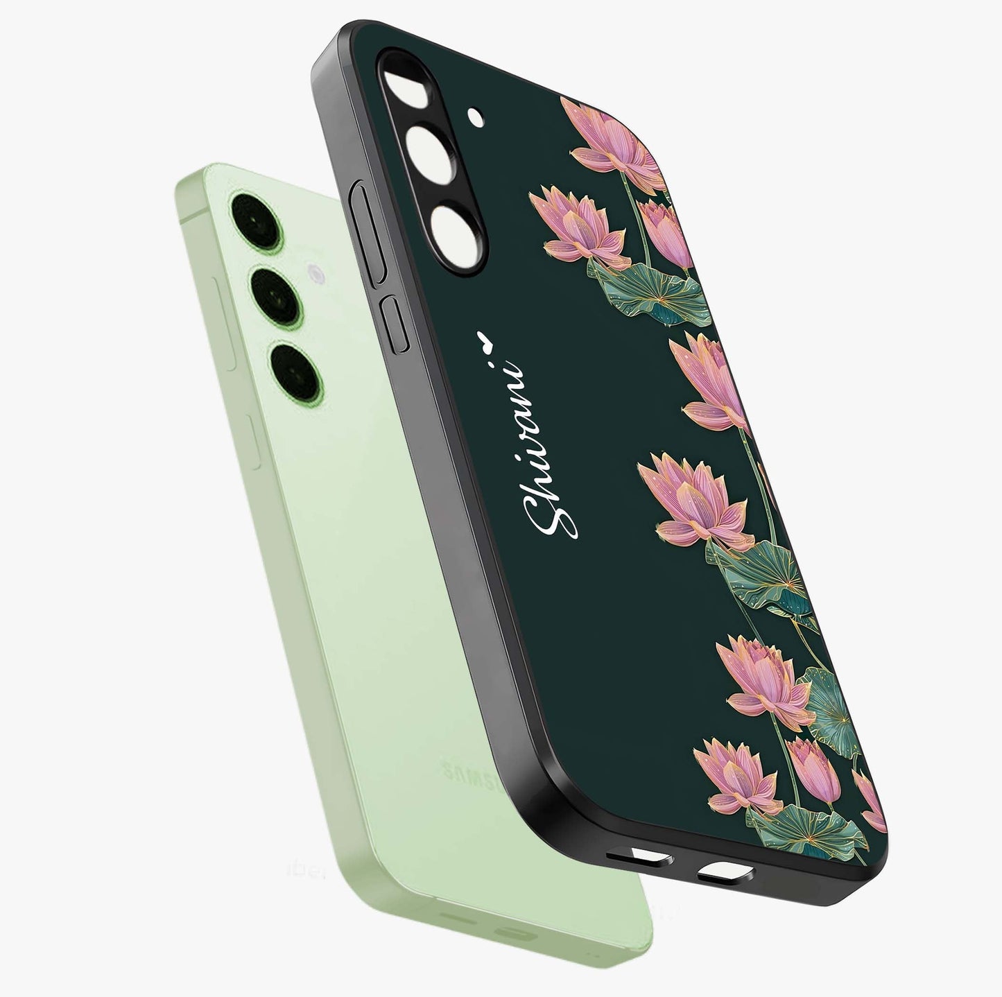 Lotus Bloom Serenity Custom Name Glass Case displayed in angled mockup highlighting graceful lotus illustration with custom name feature.