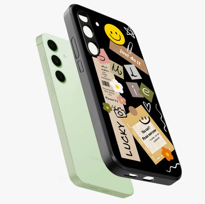 Lucky Aesthetic Collage Glass Case displayed in angled mockup highlighting stylish collage pattern with modern aesthetic vibe.