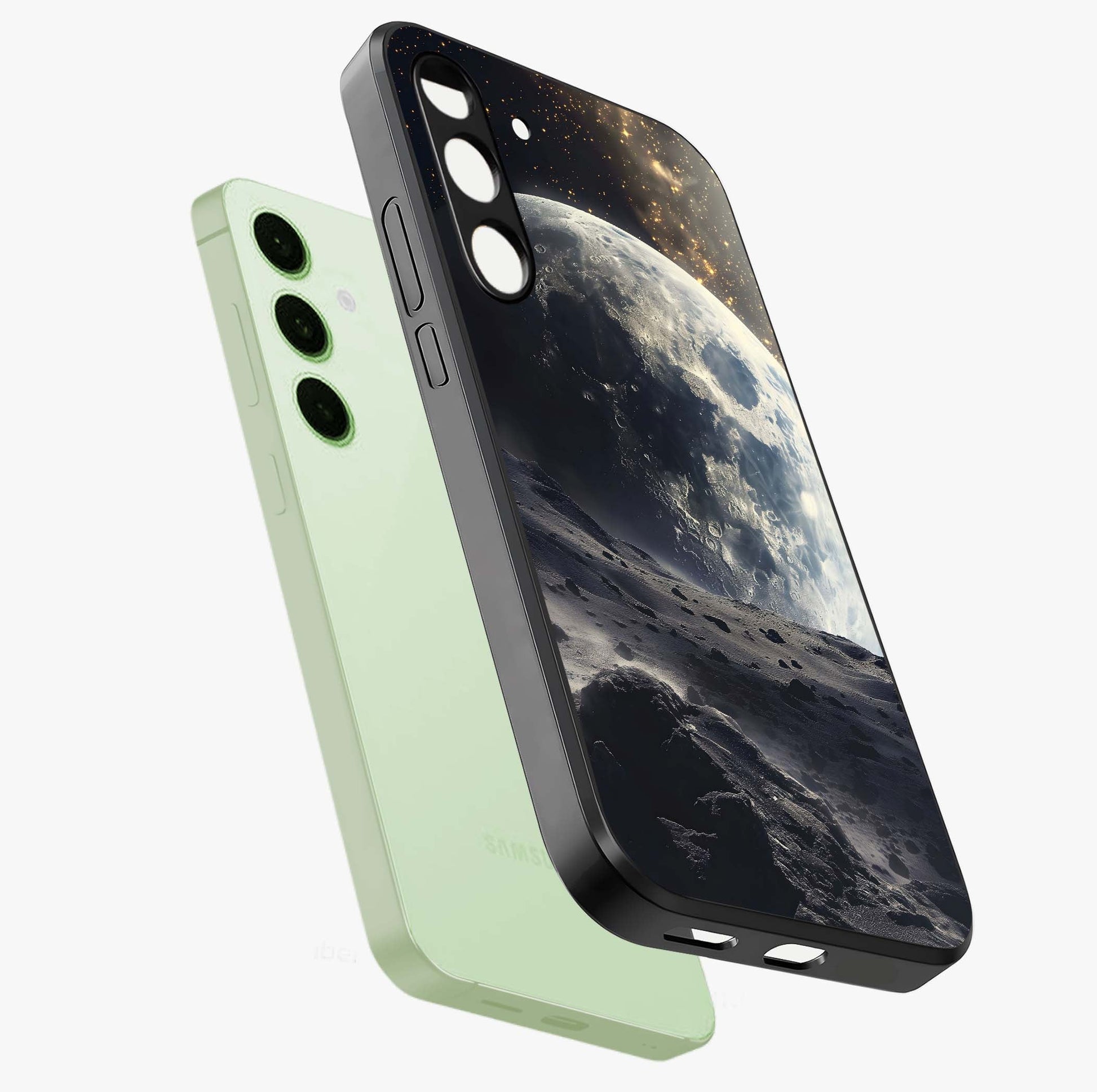 Lunar Horizon Glow Glass Case displayed in angled mockup highlighting celestial moon design with dreamy night aesthetic.