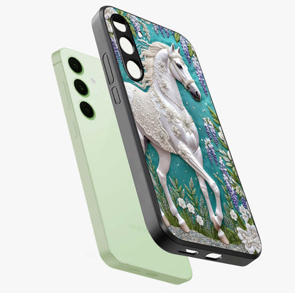 Majestic Floral Stallion Glass Case displayed in angled mockup highlighting majestic stallion illustration with elegant floral aesthetic.
