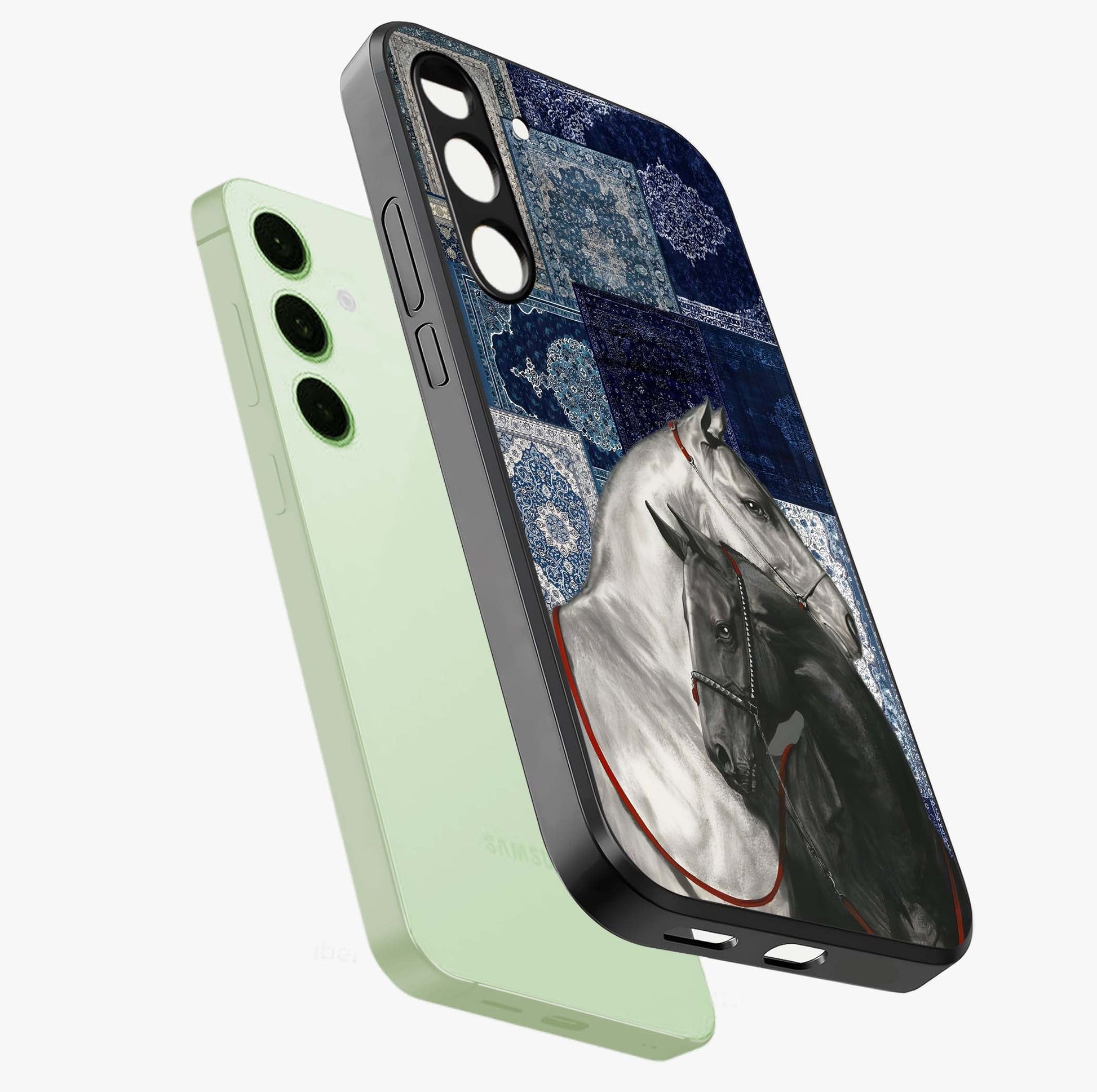 Midnight Stallion Blues Glass Case displayed in angled mockup highlighting powerful stallion illustration with deep midnight tones.