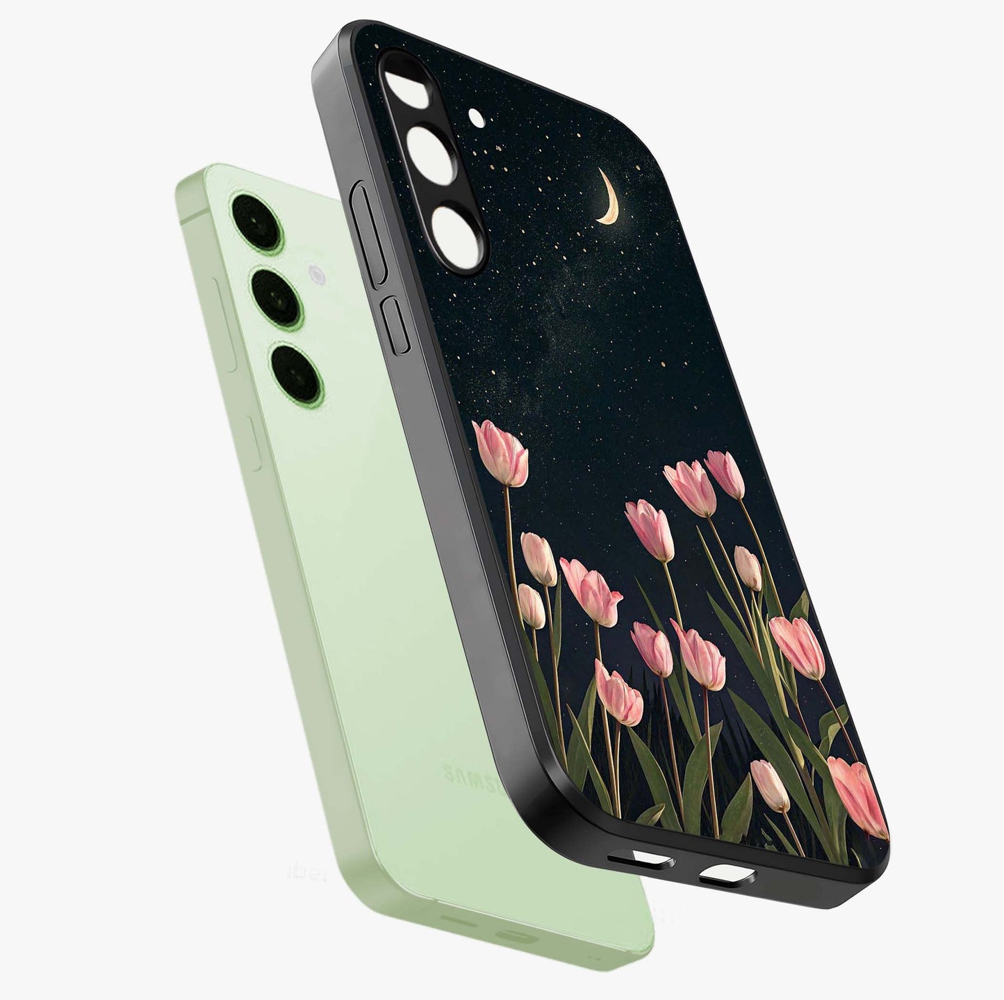 Midnight Tulip Whispers Vibe Glass Case displayed in angled mockup highlighting delicate tulip design with midnight floral aesthetic.
