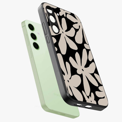 Monochrome Petal Dance Glass Case displayed in angled mockup highlighting elegant petal design with black and white aesthetic.