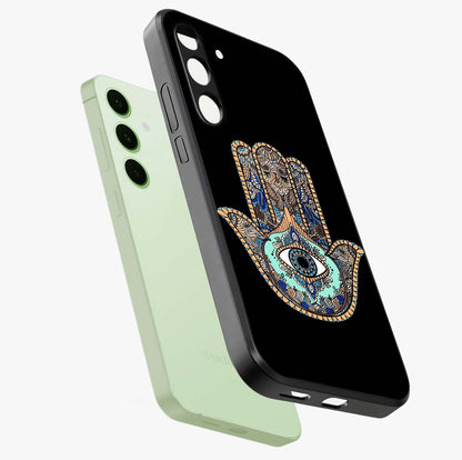 Mystic Hamsa Eye Glass Case displayed in angled mockup highlighting spiritual hamsa symbol with mystical aesthetic style.