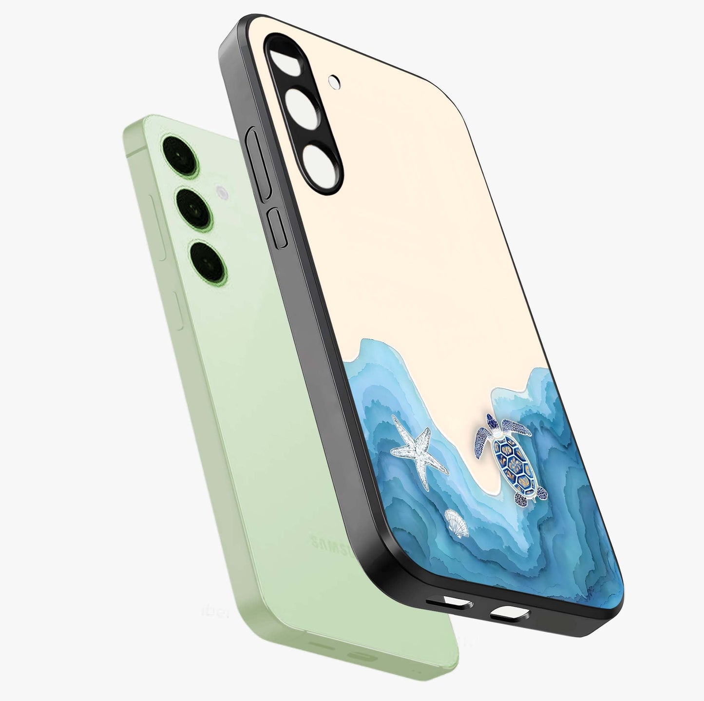 Ocean Drift Turtle Glass Case displayed in angled mockup highlighting peaceful ocean turtle illustration with marine aesthetic.