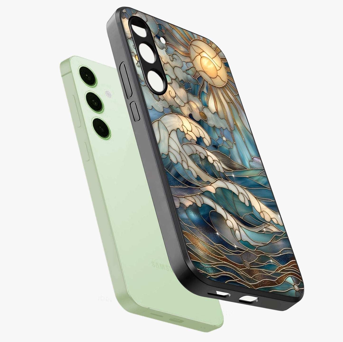 Oceanic Stained Printed Glass Case displayed in angled mockup highlighting colorful aquatic design with artistic aesthetic style.