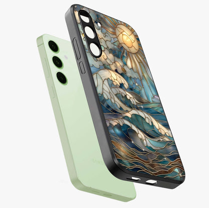 Oceanic Stained Printed Glass Case displayed in angled mockup highlighting colorful aquatic design with artistic aesthetic style.