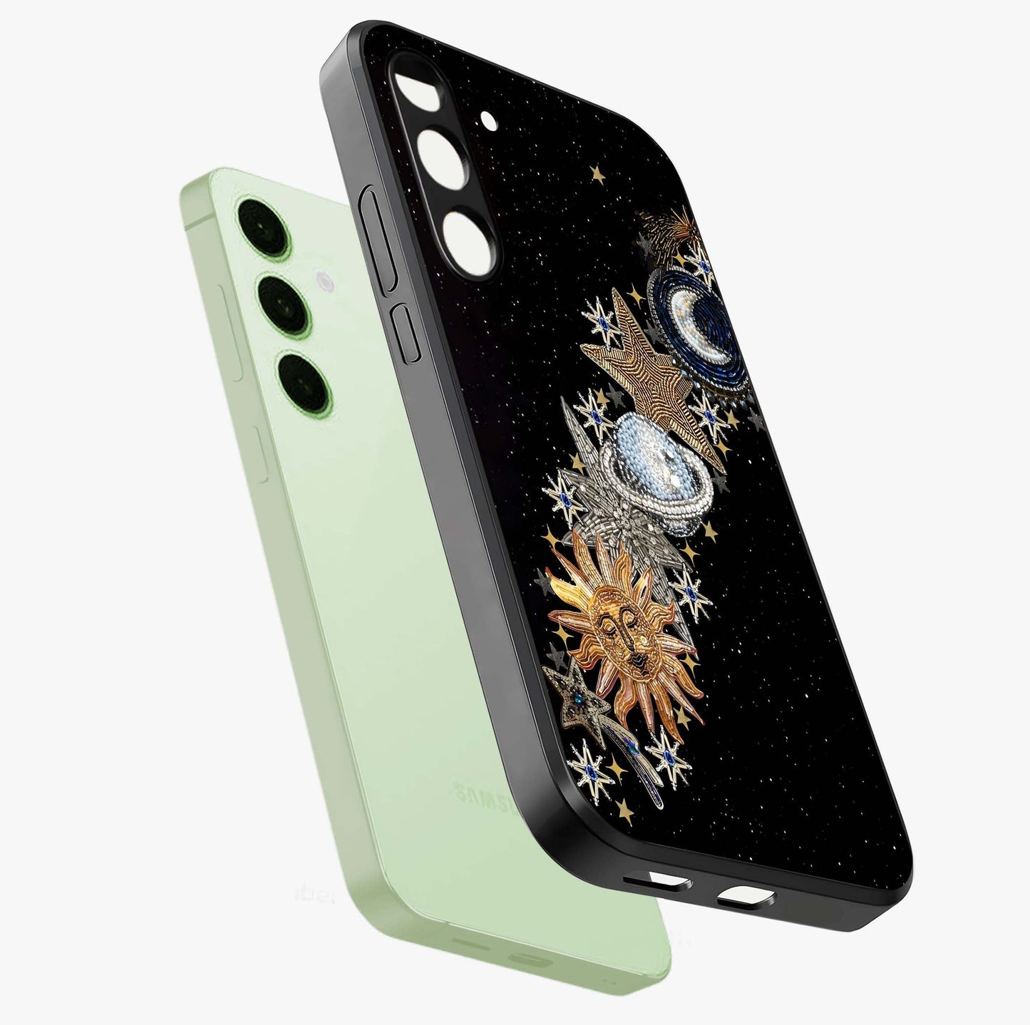 Pearls Universe Object Glass Case displayed in angled mockup highlighting celestial pearl design with dreamy aesthetic.