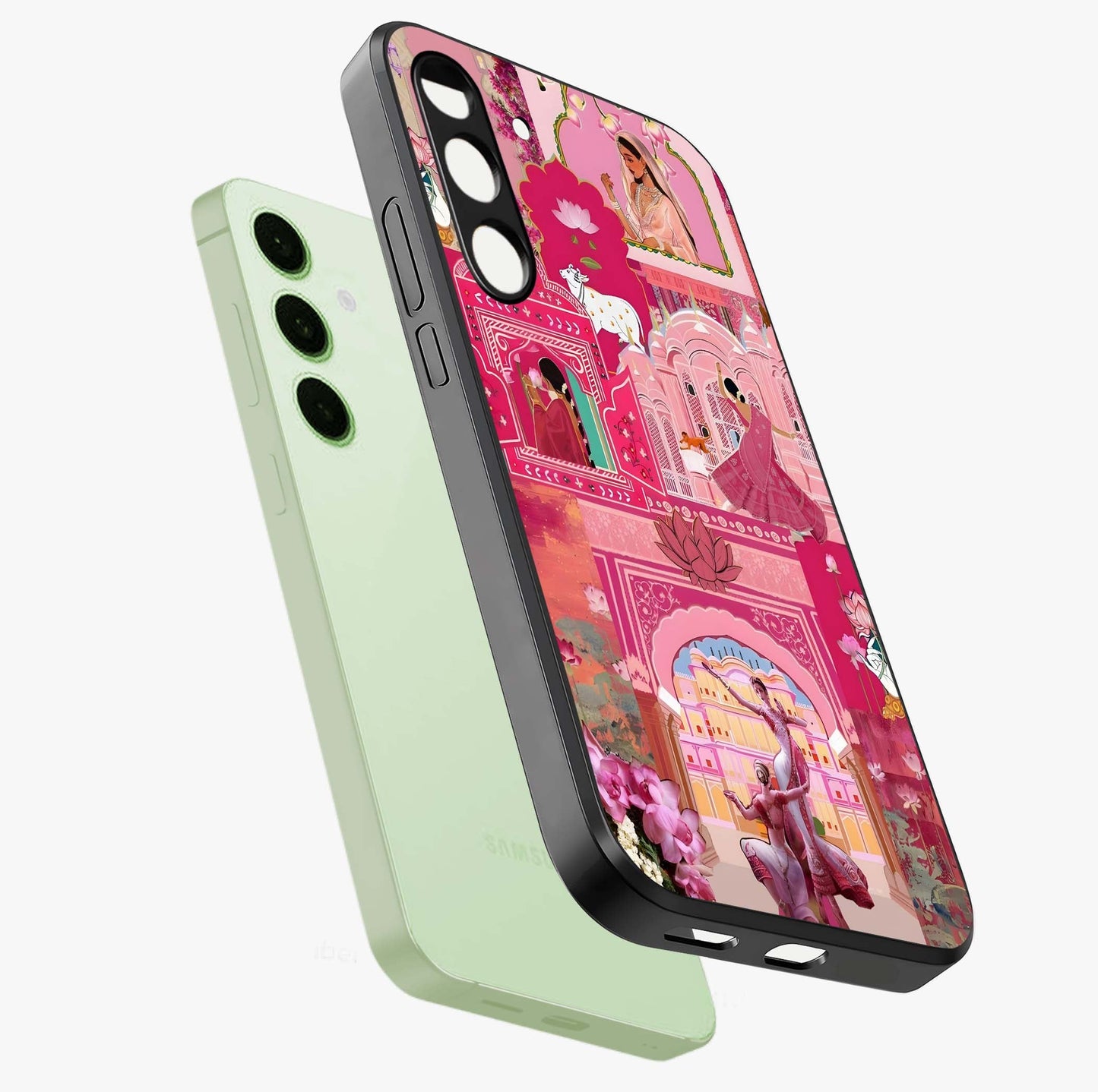 Pink Palace Muse Glass Case displayed in angled mockup highlighting dreamy palace illustration with soft pink aesthetic.