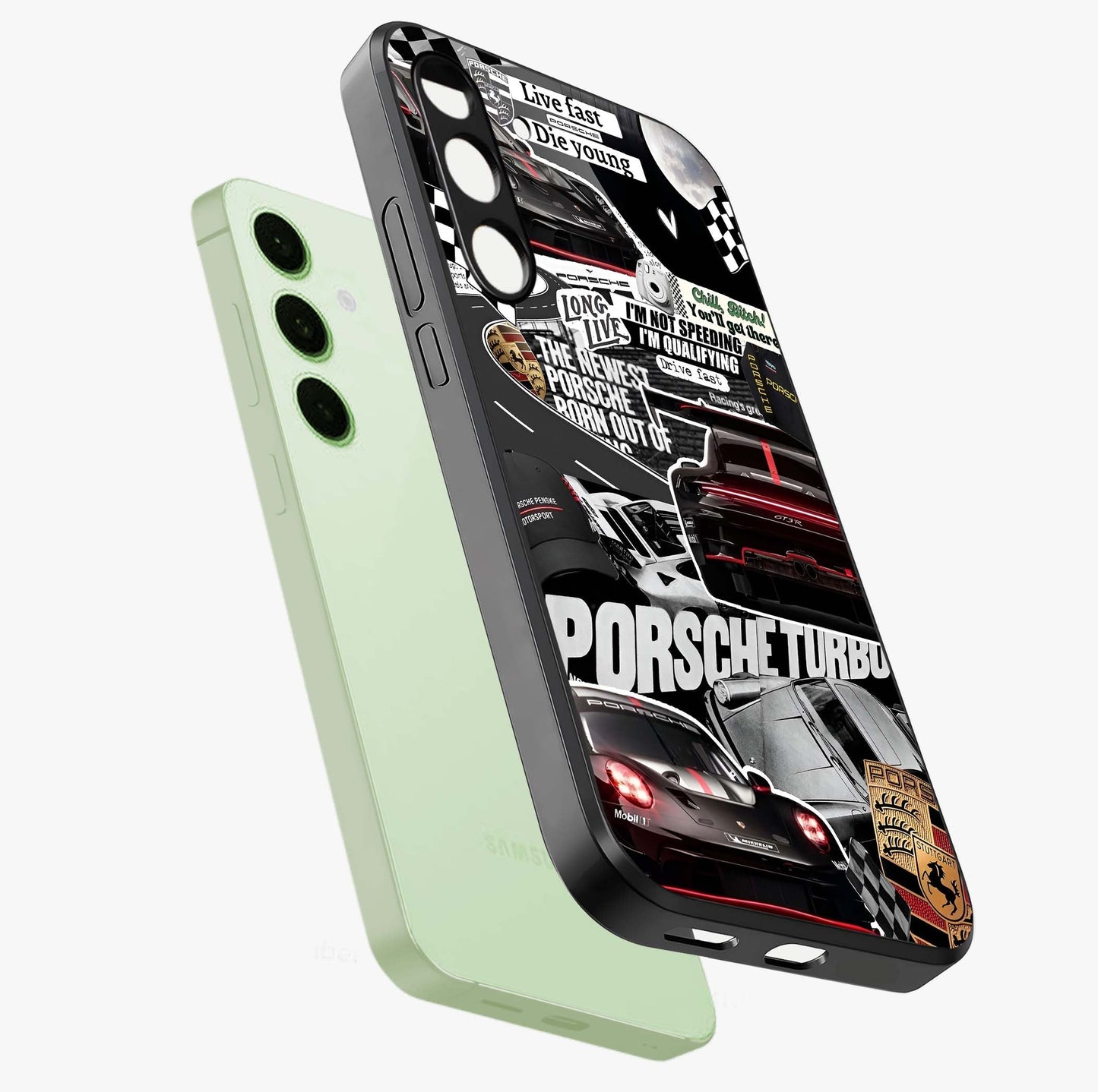 Porsche Racing Collage Glass Case displayed in angled mockup highlighting dynamic automotive design with bold racing aesthetic.
