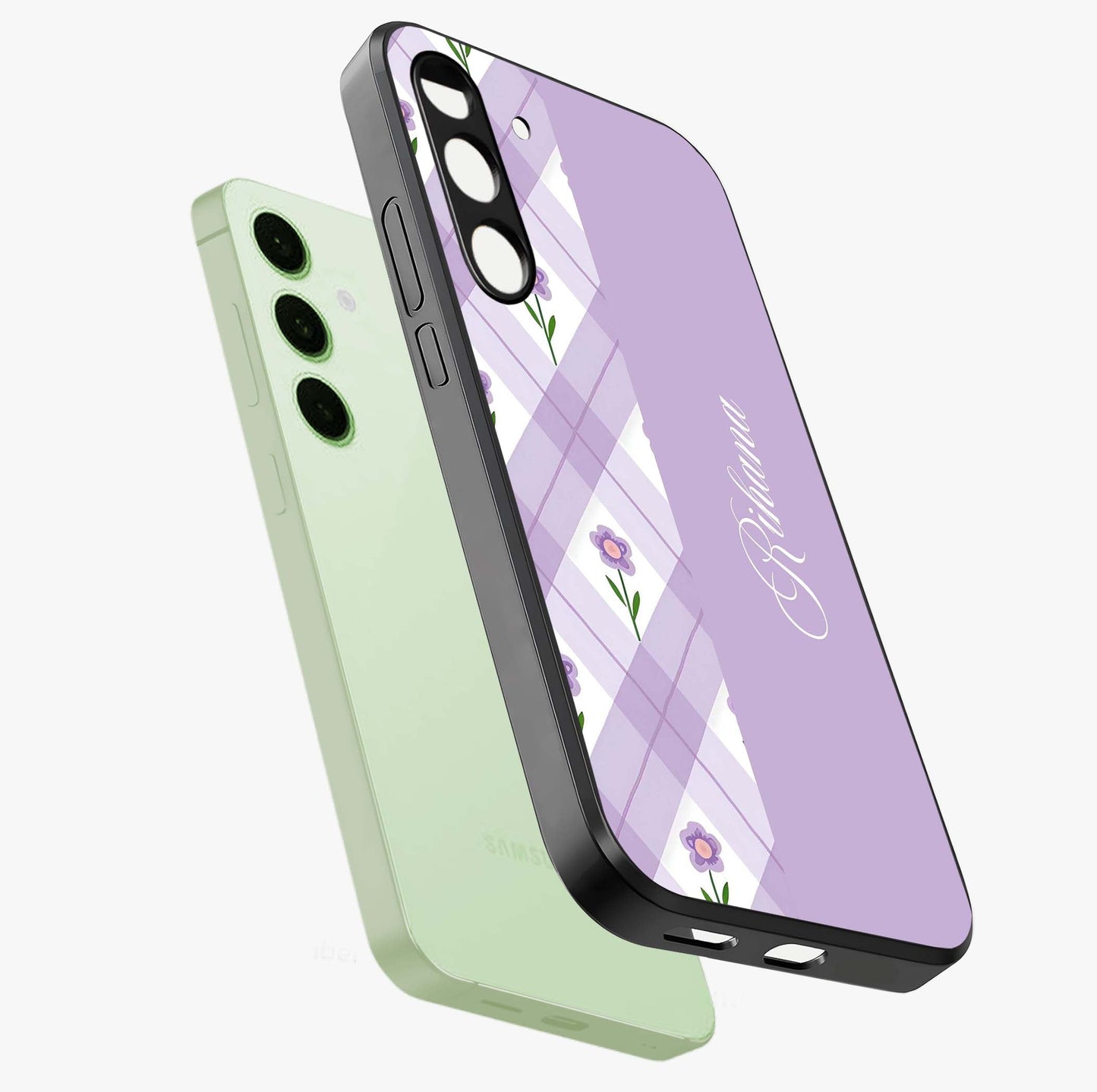 Purple Diamond Floral Glass Case displayed in angled mockup highlighting elegant purple flower design with decorative pattern.