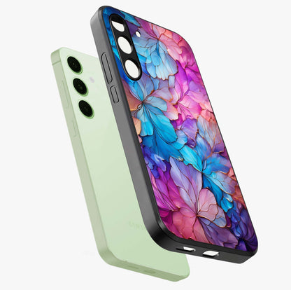 Radiant Floral Whirl Glass Case displayed in angled mockup highlighting vibrant flower pattern with dynamic artistic aesthetic.