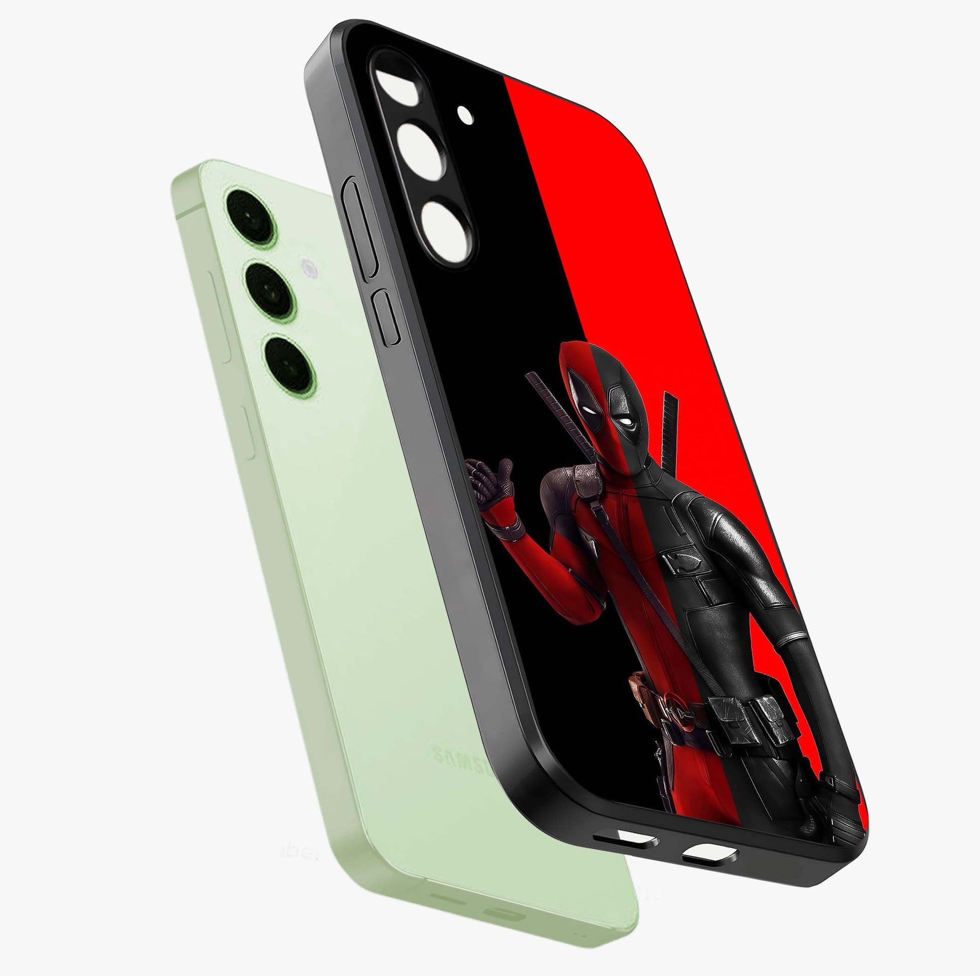 Red & Black Deadpool Theme Glass Case displayed in angled mockup highlighting vibrant superhero style illustration with action aesthetic.