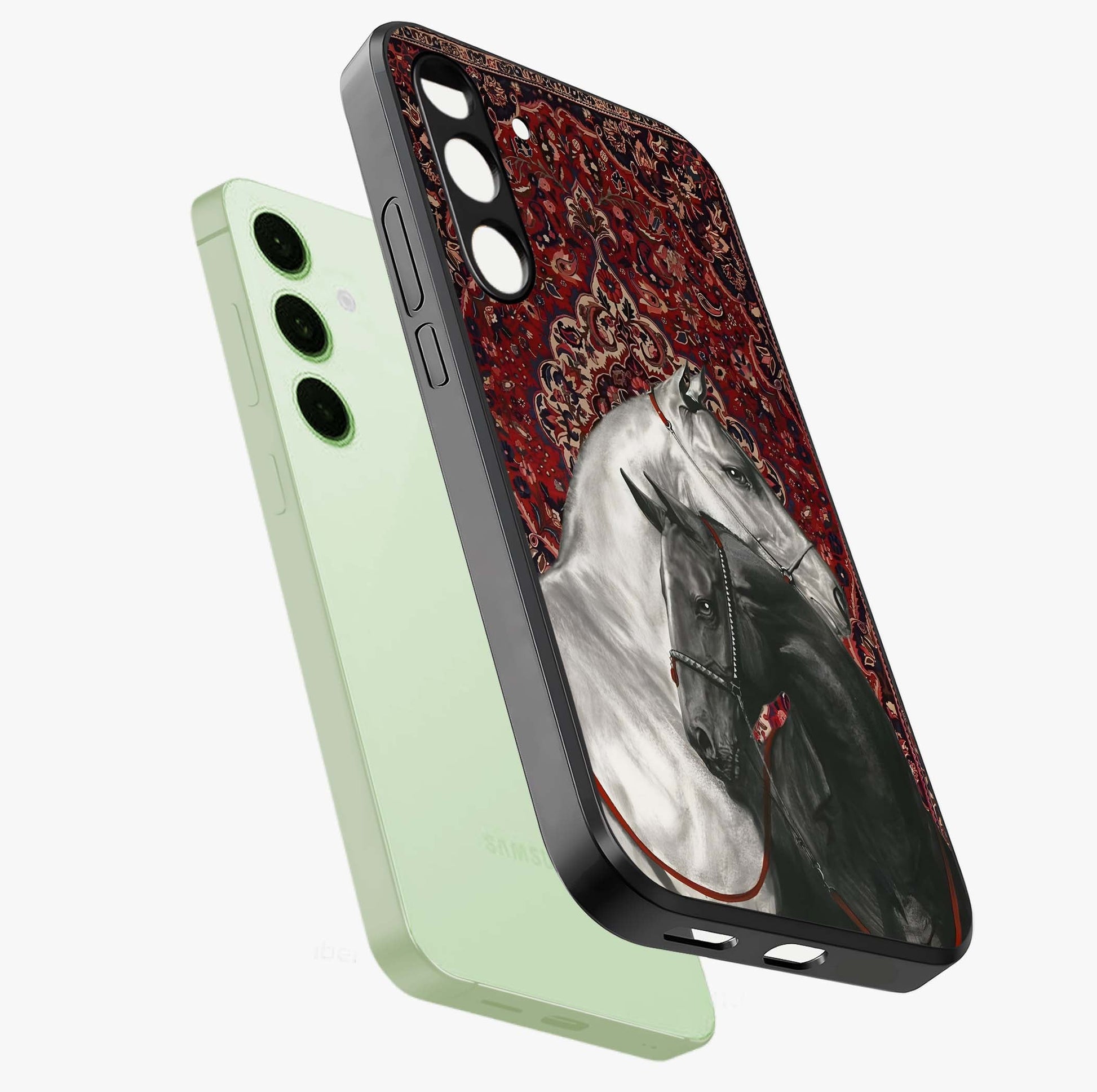 Regal Stallion Tapestry Glass Case displayed in angled mockup highlighting royal stallion design with decorative heritage aesthetic.