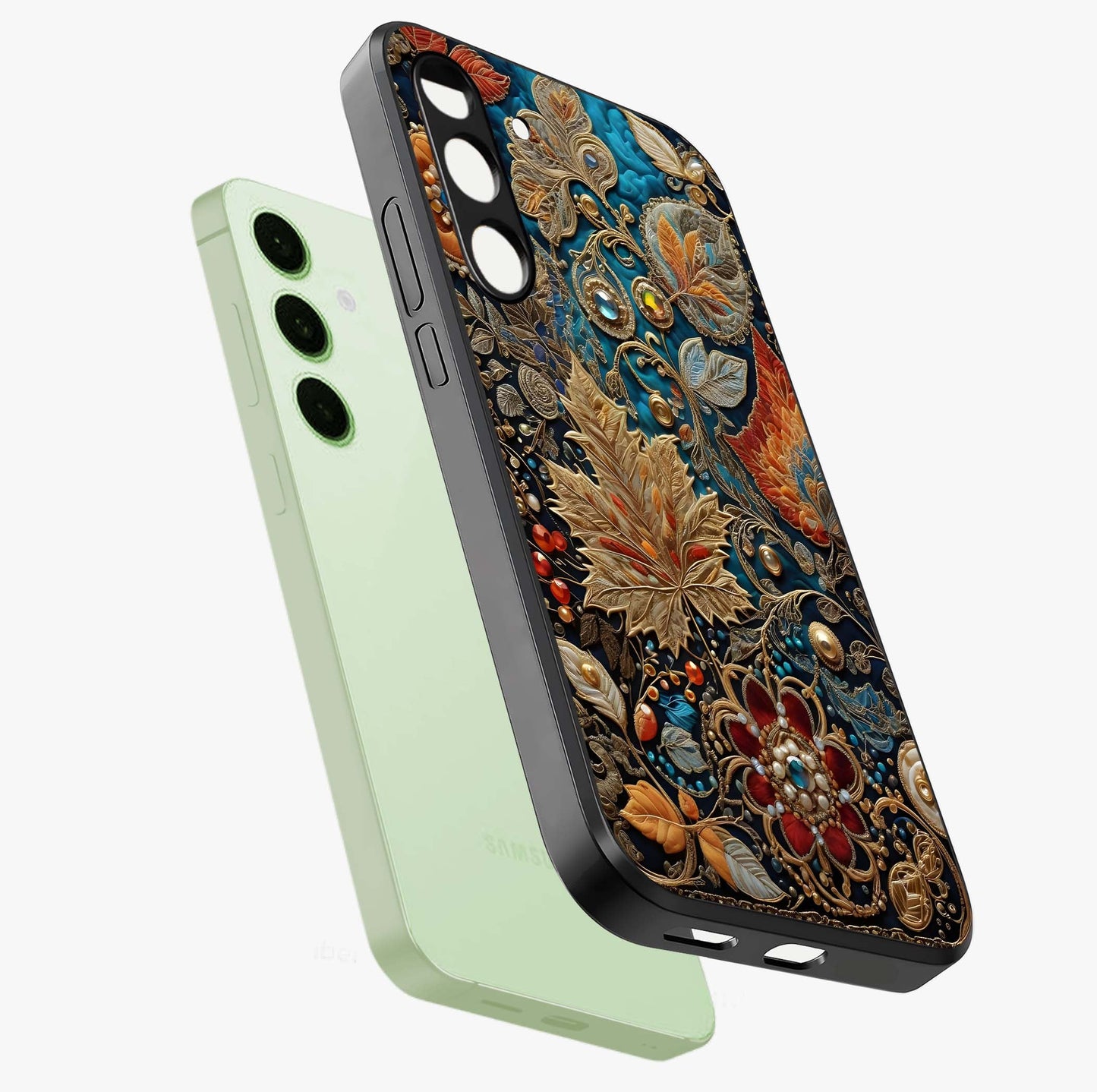 Royal Jewel Garden Glass Case displayed in angled mockup highlighting vibrant jewel inspired floral design with elegant aesthetic.