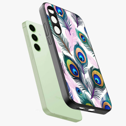 Royal Peacock Feathers Glass Case displayed in angled mockup highlighting vibrant feather pattern with regal aesthetic style.