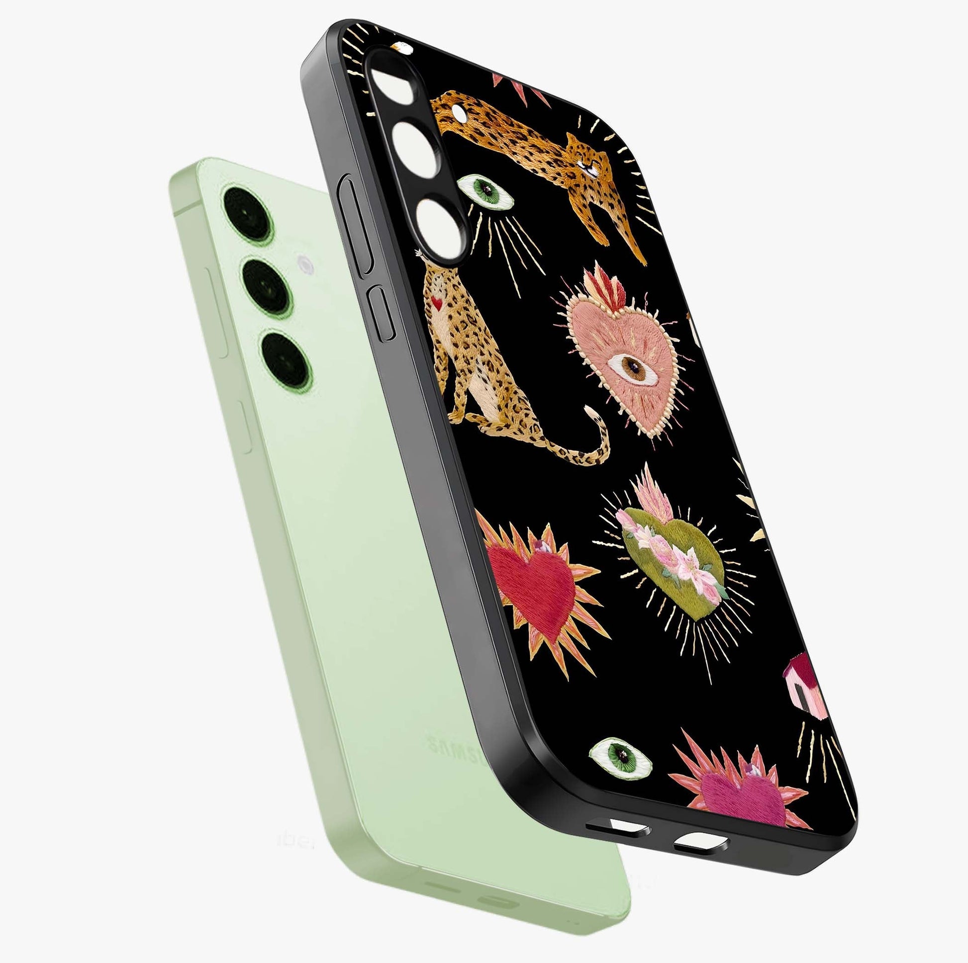 Sacred Jungle Heart Glass Case displayed in angled mockup highlighting lush tropical design with natural aesthetic style.