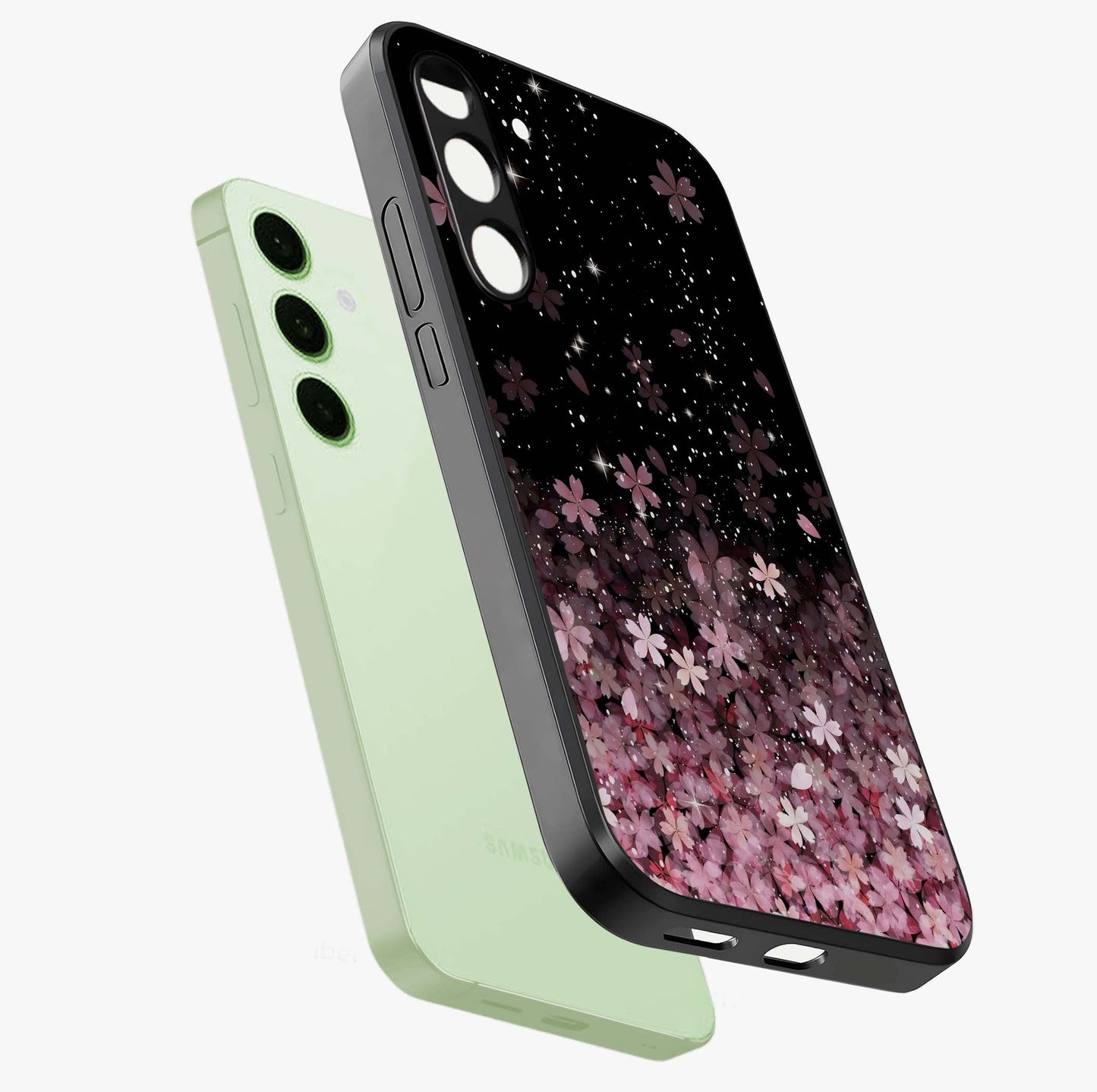 Small Starry Flowers Glass Case displayed in angled mockup highlighting tiny flower pattern with celestial aesthetic style.