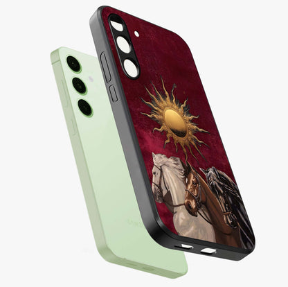 Solar Riders Glass Case displayed in angled mockup highlighting powerful rider illustration with radiant solar aesthetic.
