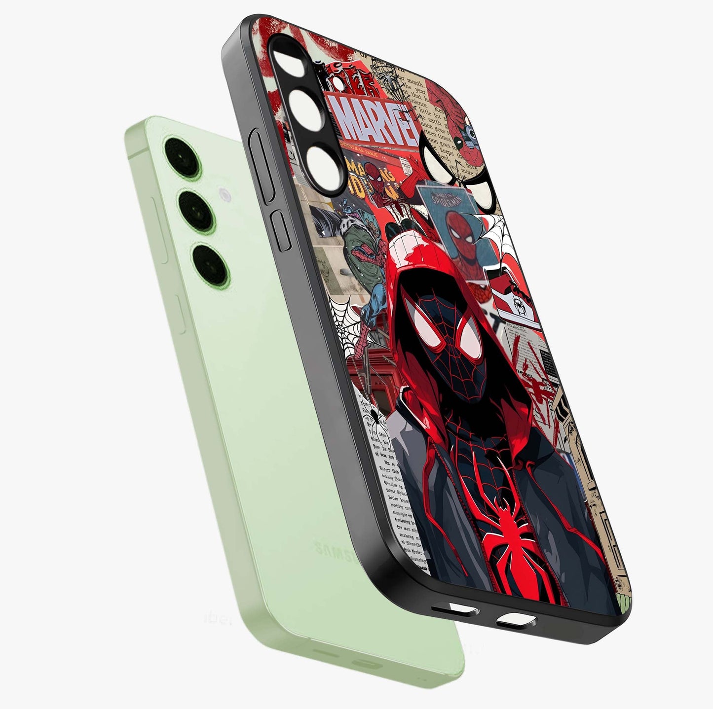 Spider Collage Street Glass Case displayed in angled mockup highlighting dynamic street style collage design with comic aesthetic.
