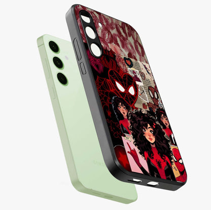 Spider Love Story Glass Case displayed in angled mockup highlighting expressive comic inspired design with playful aesthetic.