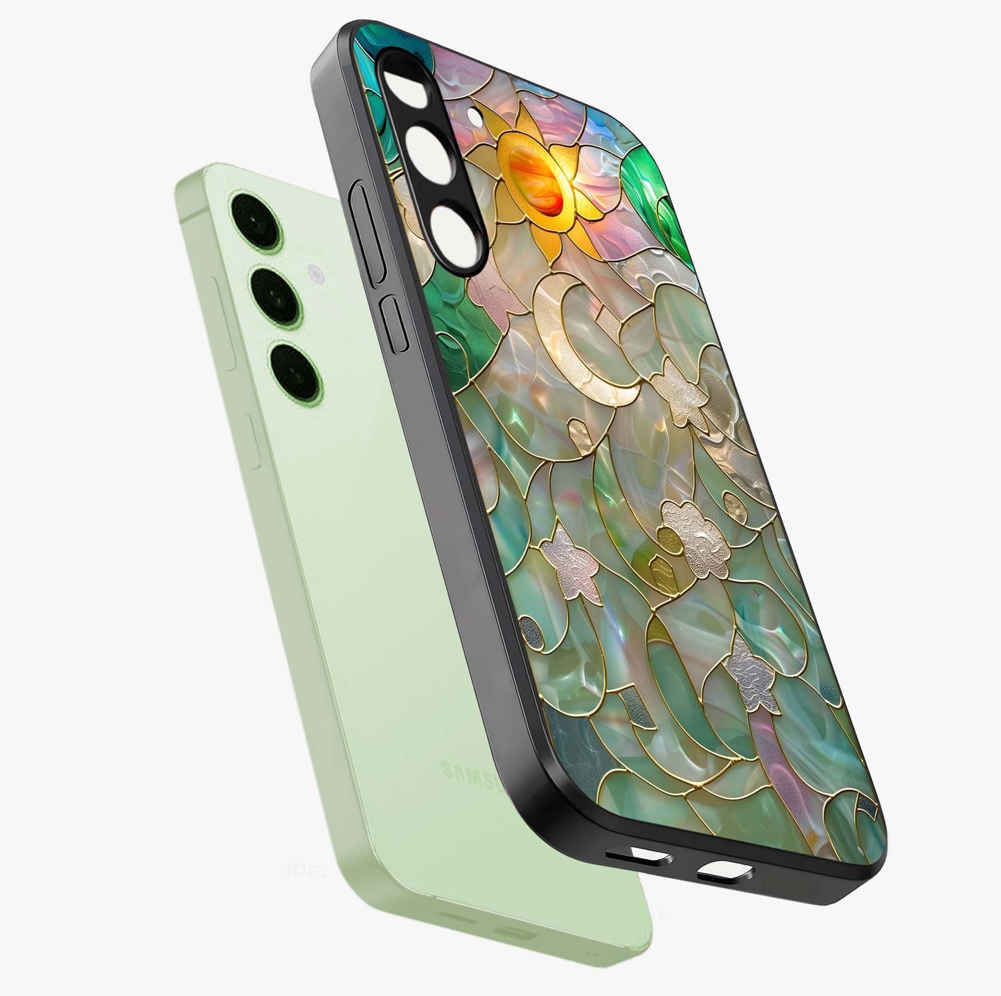 Stained Sunrise Glow Glass Case displayed in angled mockup highlighting radiant sunrise design with artistic aesthetic style.