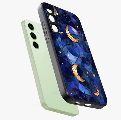 Starlit Sky Tapestry Glass Case displayed in angled mockup highlighting celestial night pattern with artistic aesthetic style.