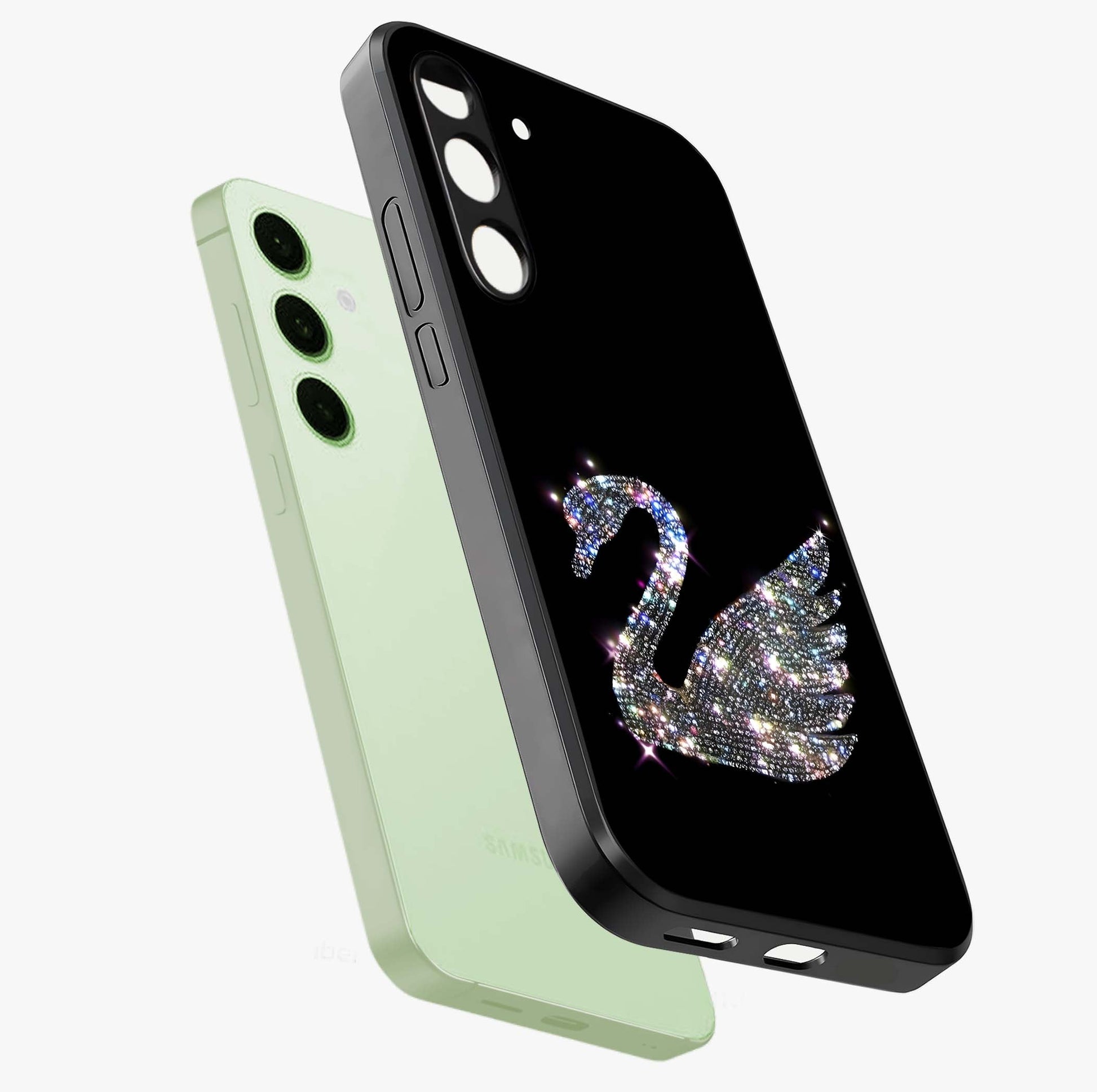Starlit Swan Grace Glass Case displayed in angled mockup highlighting elegant swan illustration with dreamy celestial aesthetic.