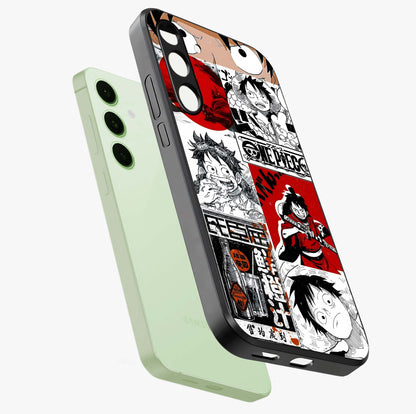 Strawhat Chaos Panels Glass Case displayed in angled mockup highlighting vibrant anime collage design with action aesthetic.