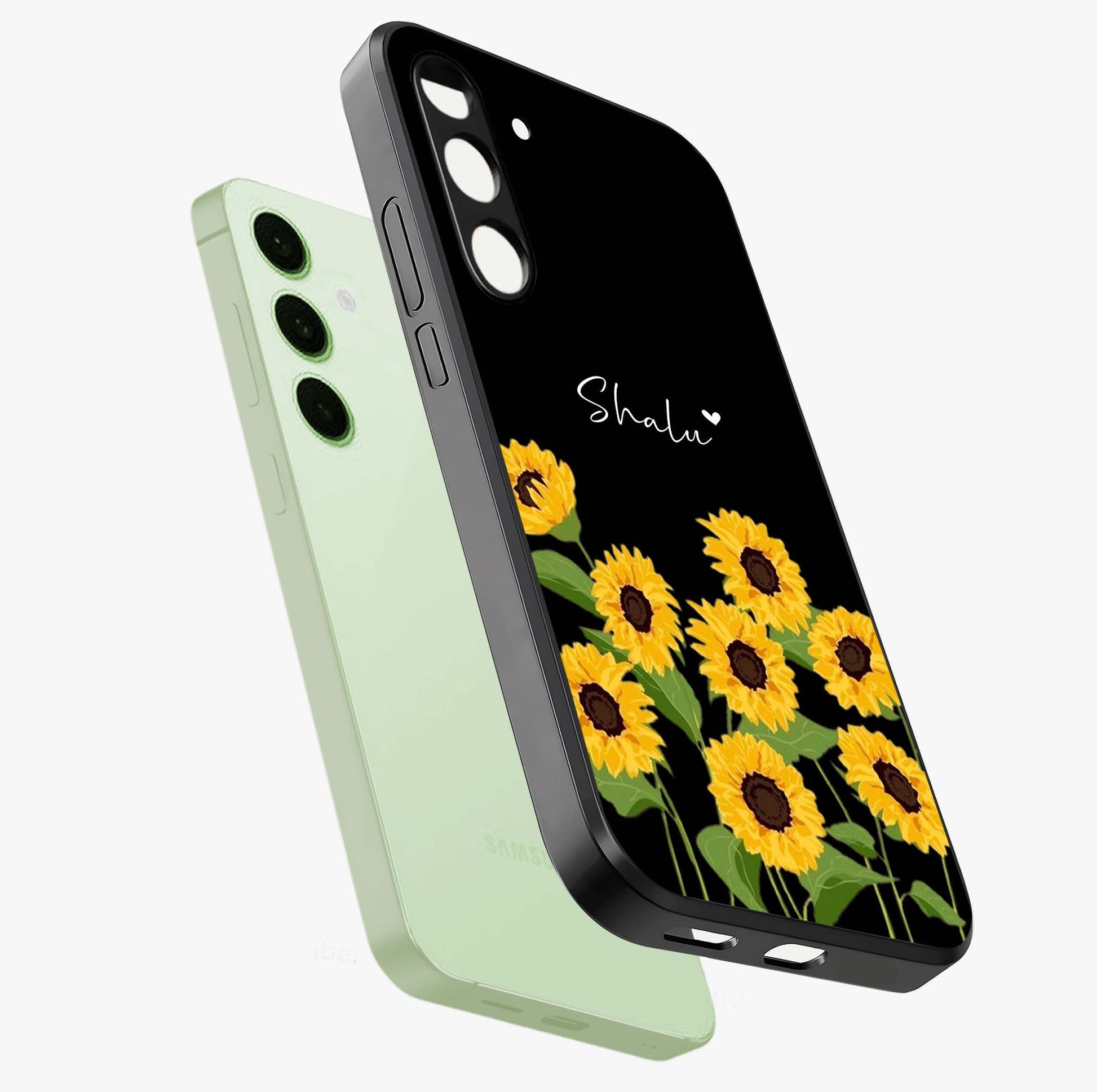 Sunflower Chic Mood Custom Name Glass Case displayed in angled mockup highlighting vibrant sunflower design with custom name feature.