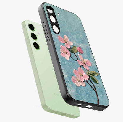Threaded Blossom Breeze Glass Case displayed in angled mockup highlighting elegant floral design with soft aesthetic style.