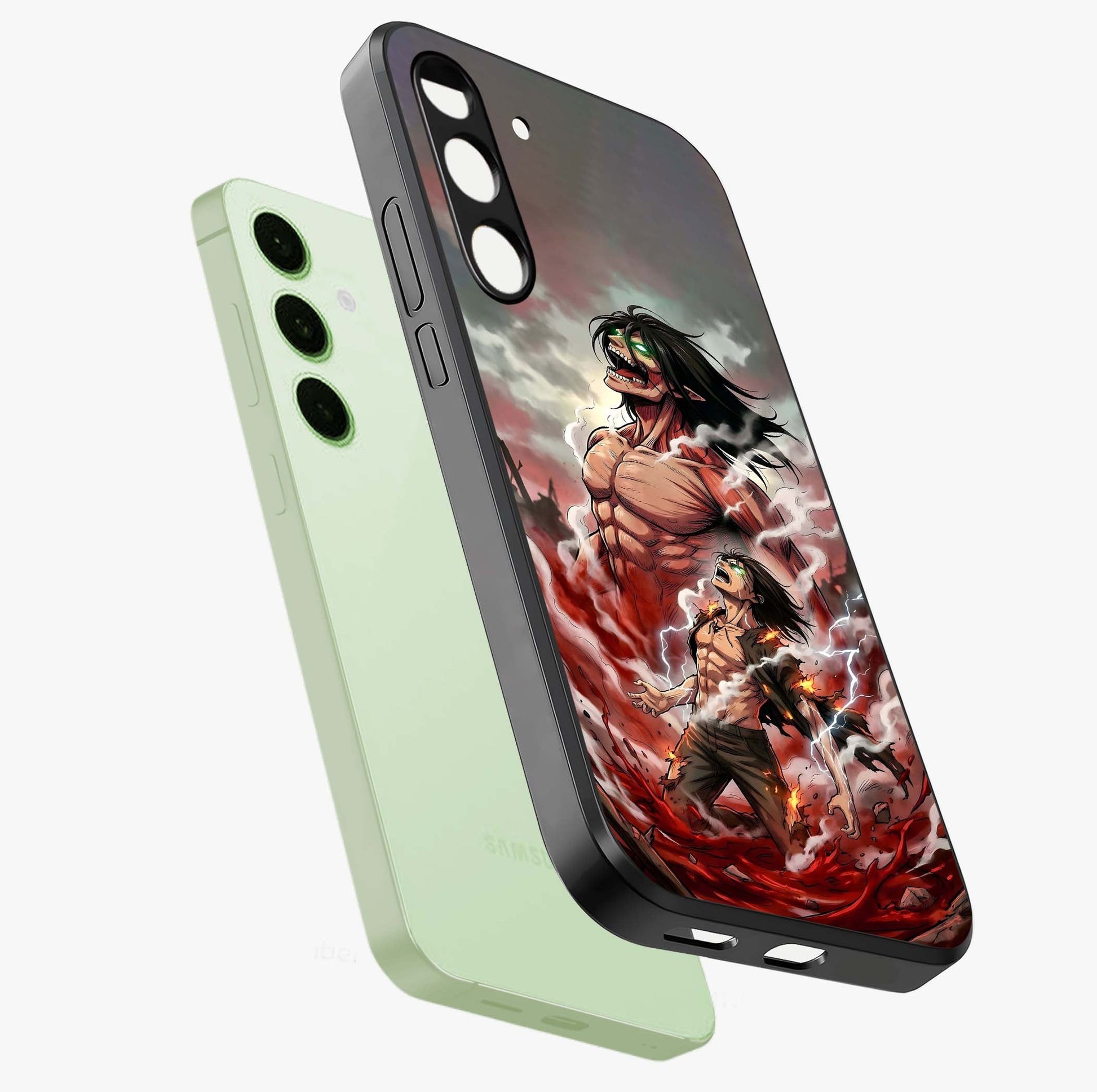 Titan Awakening Fury Glass Case displayed in angled mockup highlighting dramatic giant warrior design with bold anime aesthetic.