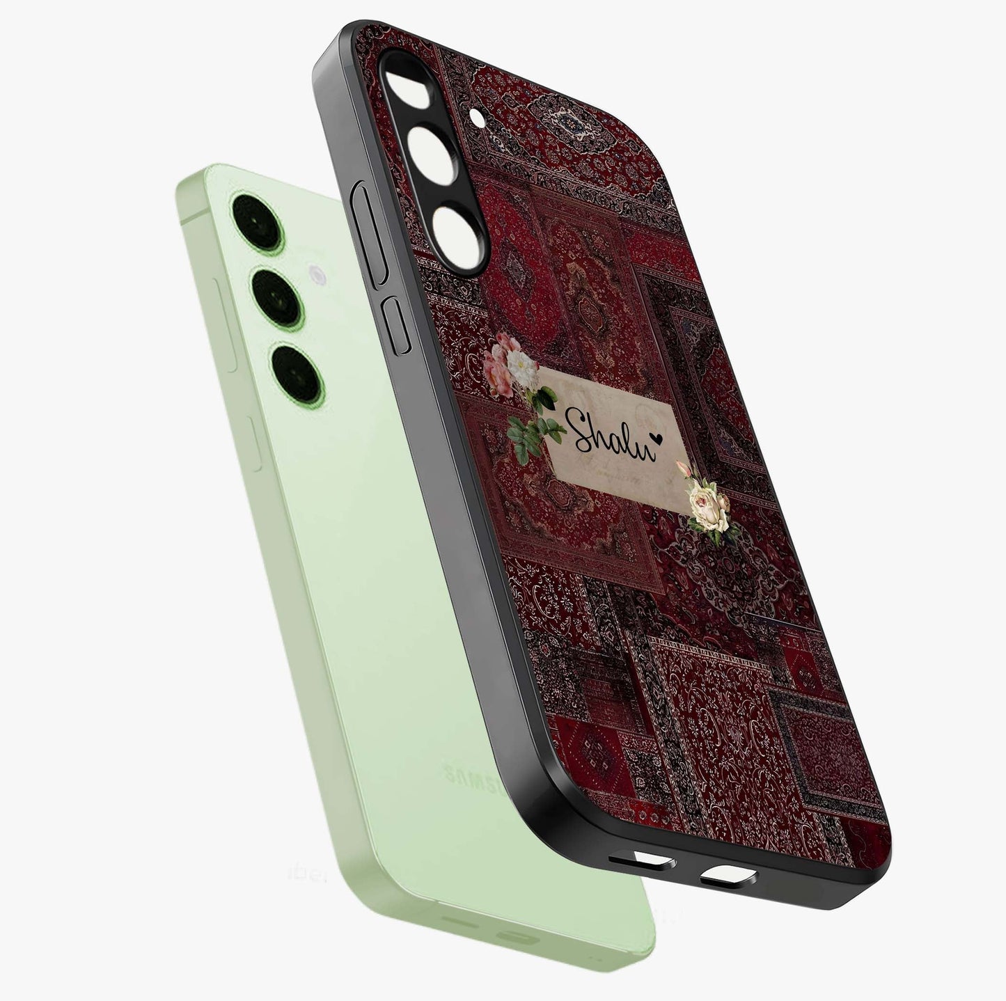 Velvet Wine Pattern Custom Name Glass Case displayed in angled mockup highlighting decorative velvet inspired design with custom name feature.