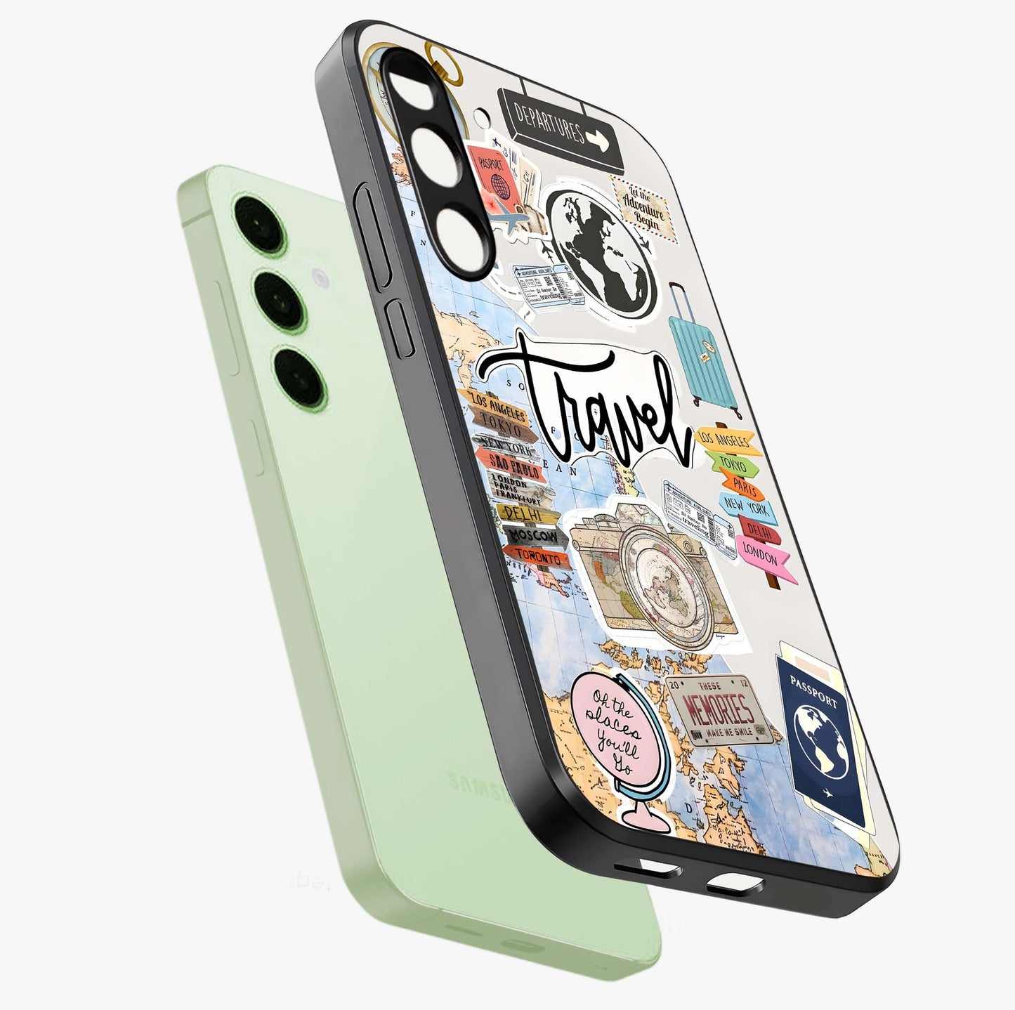 Wanderlust Journal Glass Case displayed in angled mockup highlighting adventure themed design with aesthetic travel vibe.