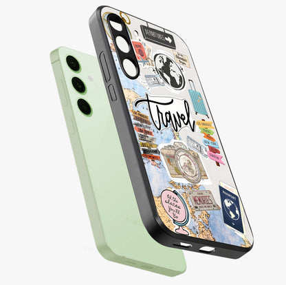 Wanderlust Journal Glass Case displayed in angled mockup highlighting adventure themed design with aesthetic travel vibe.