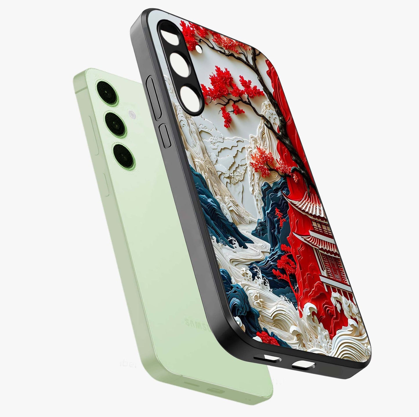 Whispers Of Sakura Waves Glass Case displayed in angled mockup highlighting flowing sakura design with soft floral aesthetic.