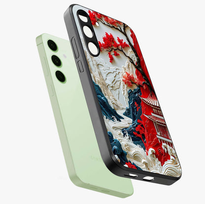 Whispers Of Sakura Waves Glass Case displayed in angled mockup highlighting flowing sakura design with soft floral aesthetic.