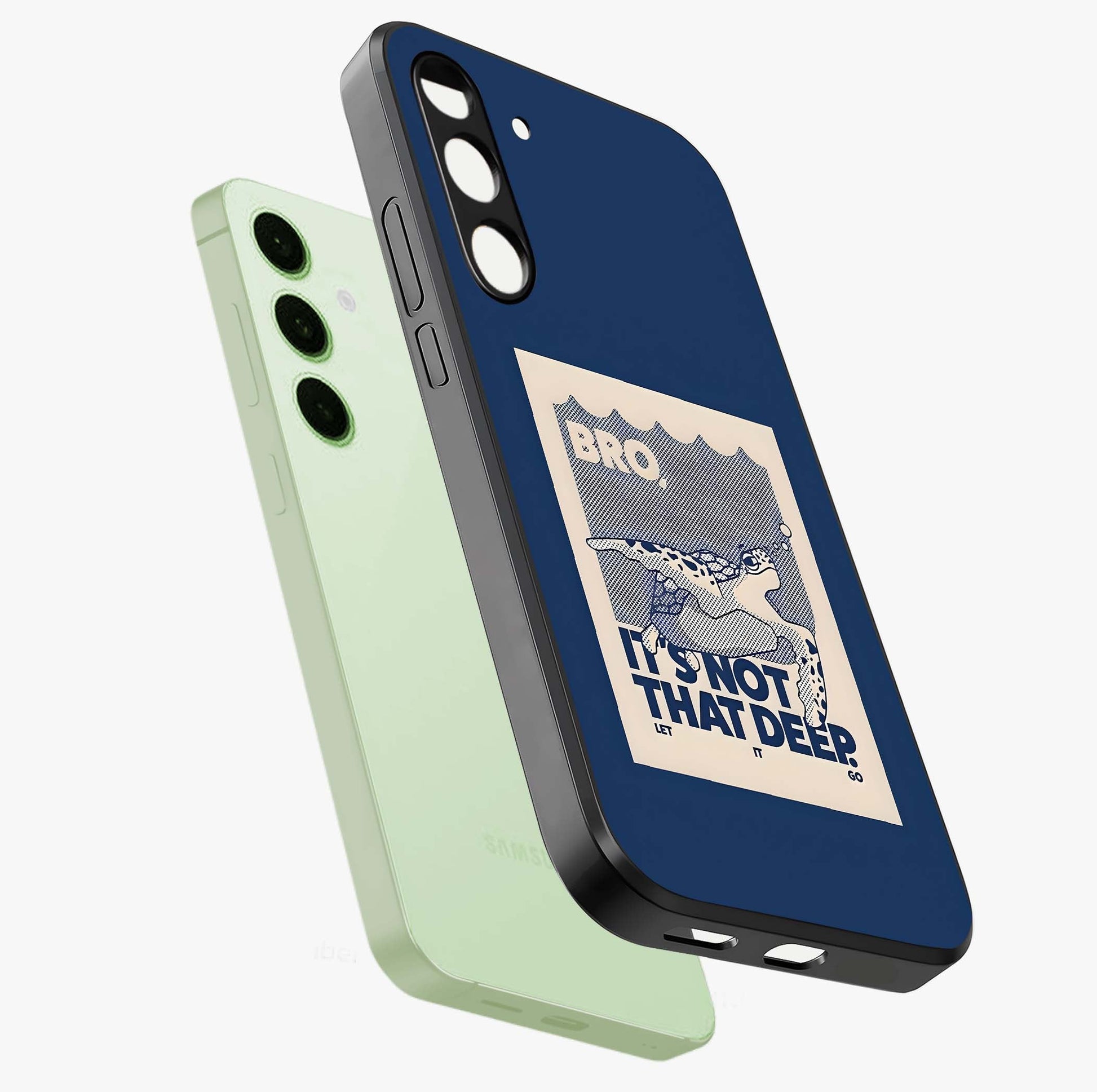 Worry Less Swim Glass Case displayed in angled mockup highlighting fun typography design with relaxed aesthetic style.