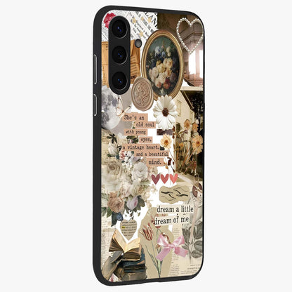 Aesthetic Brown Vintage Collage Glass Case upright view showcasing nostalgic retro artwork with stylish vintage theme.