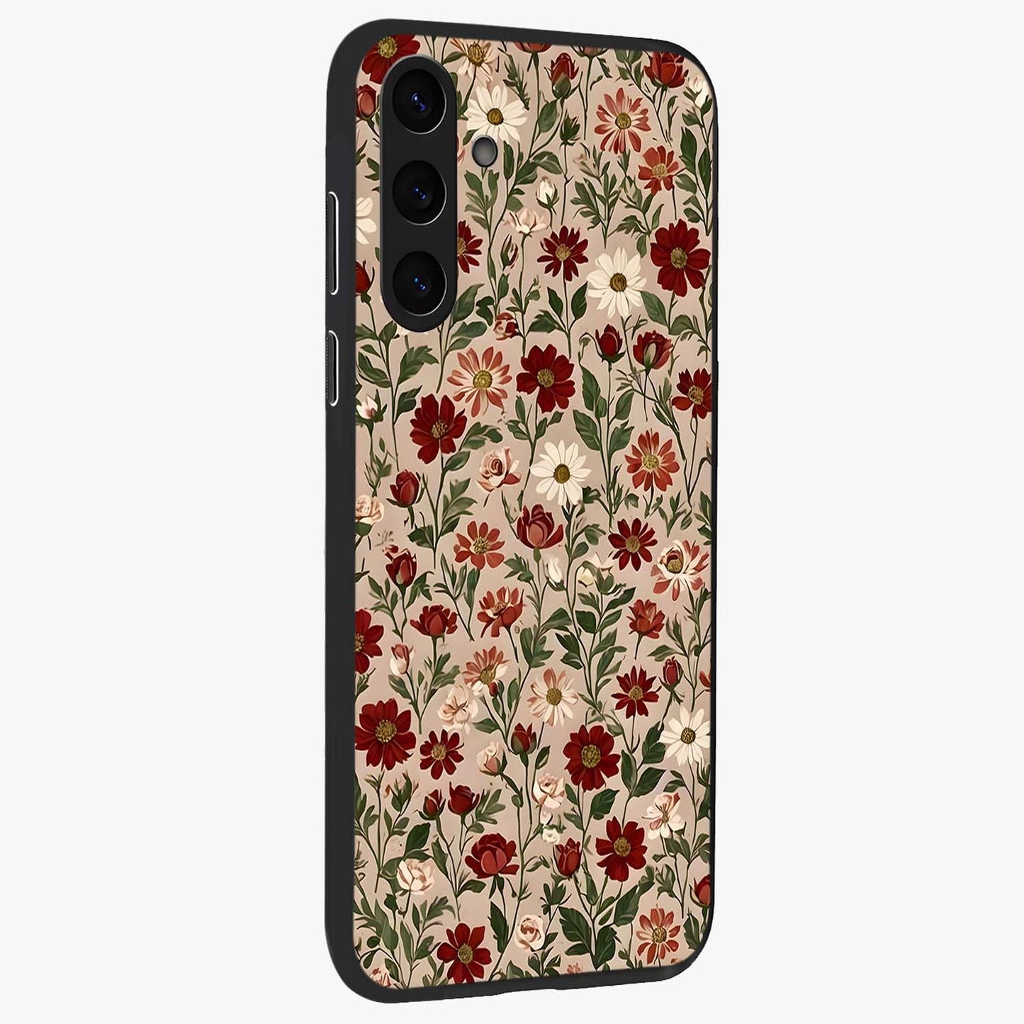 Biege Flower With Leaf Glass Case upright view showcasing delicate beige flower illustration with clean botanical style.
