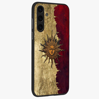 Crimson Sun Majesty Glass Case upright view showcasing vibrant sun artwork with powerful celestial theme.