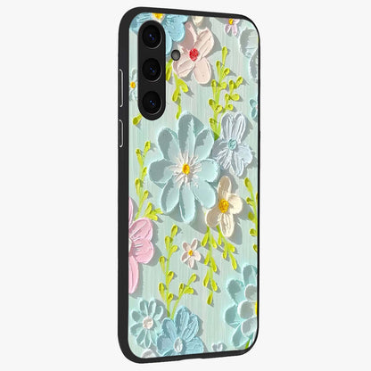 Frosted Petal Garden Glass Case upright view showcasing elegant floral garden artwork with soothing pastel theme.