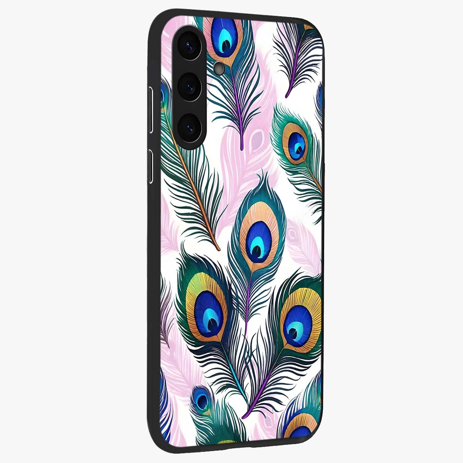 Royal Peacock Feathers Glass Case upright view showcasing elegant peacock feather artwork with decorative royal theme.