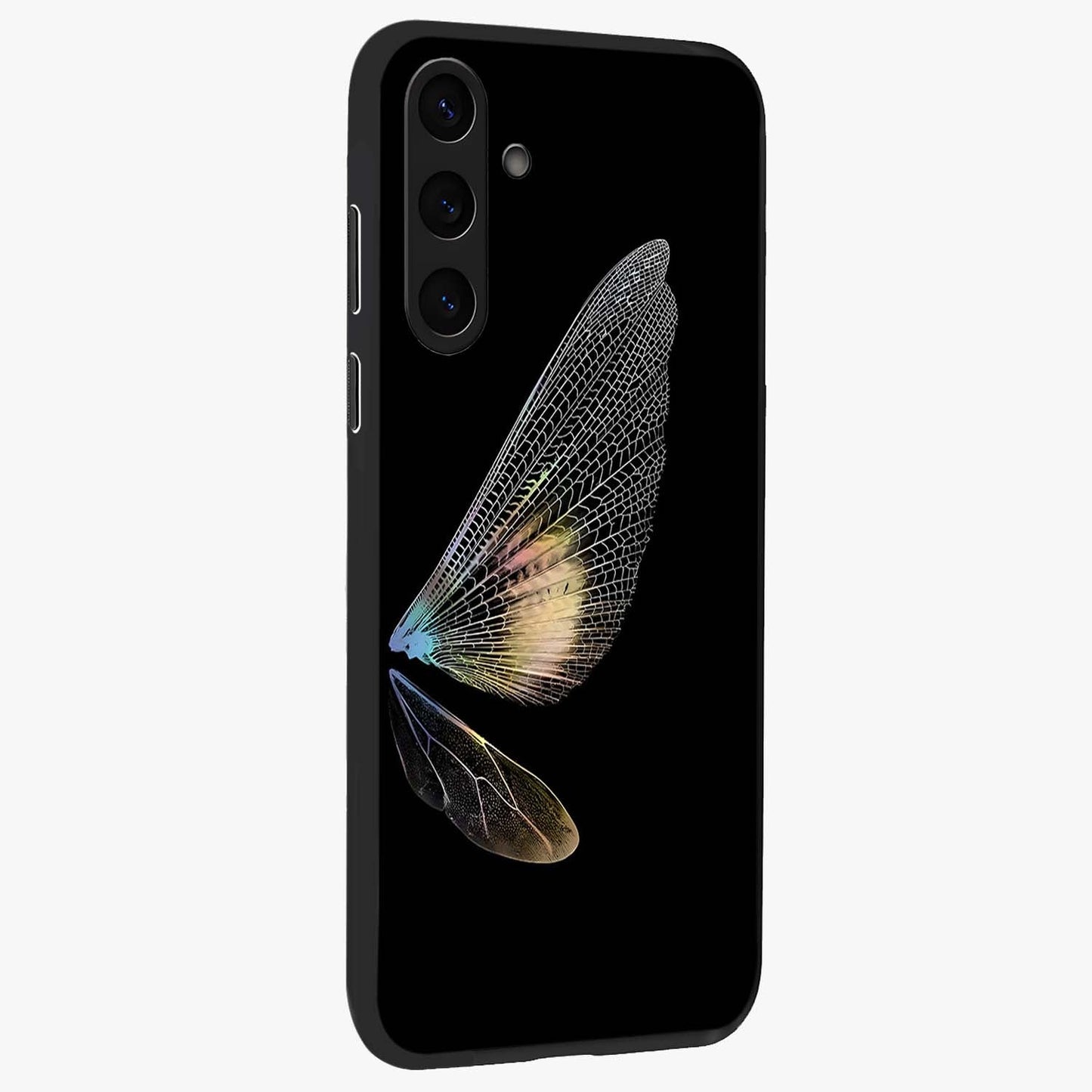 Whispers Of Wings Glass Case upright view showcasing elegant wing artwork with light airy theme.