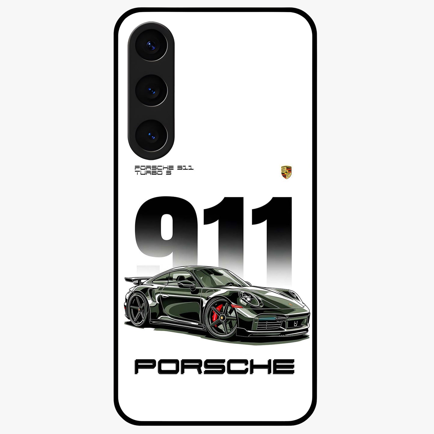 911 Turbo Dominance Glass Case showing clean flat back view with bold 911 sports car artwork and glossy glass finish.