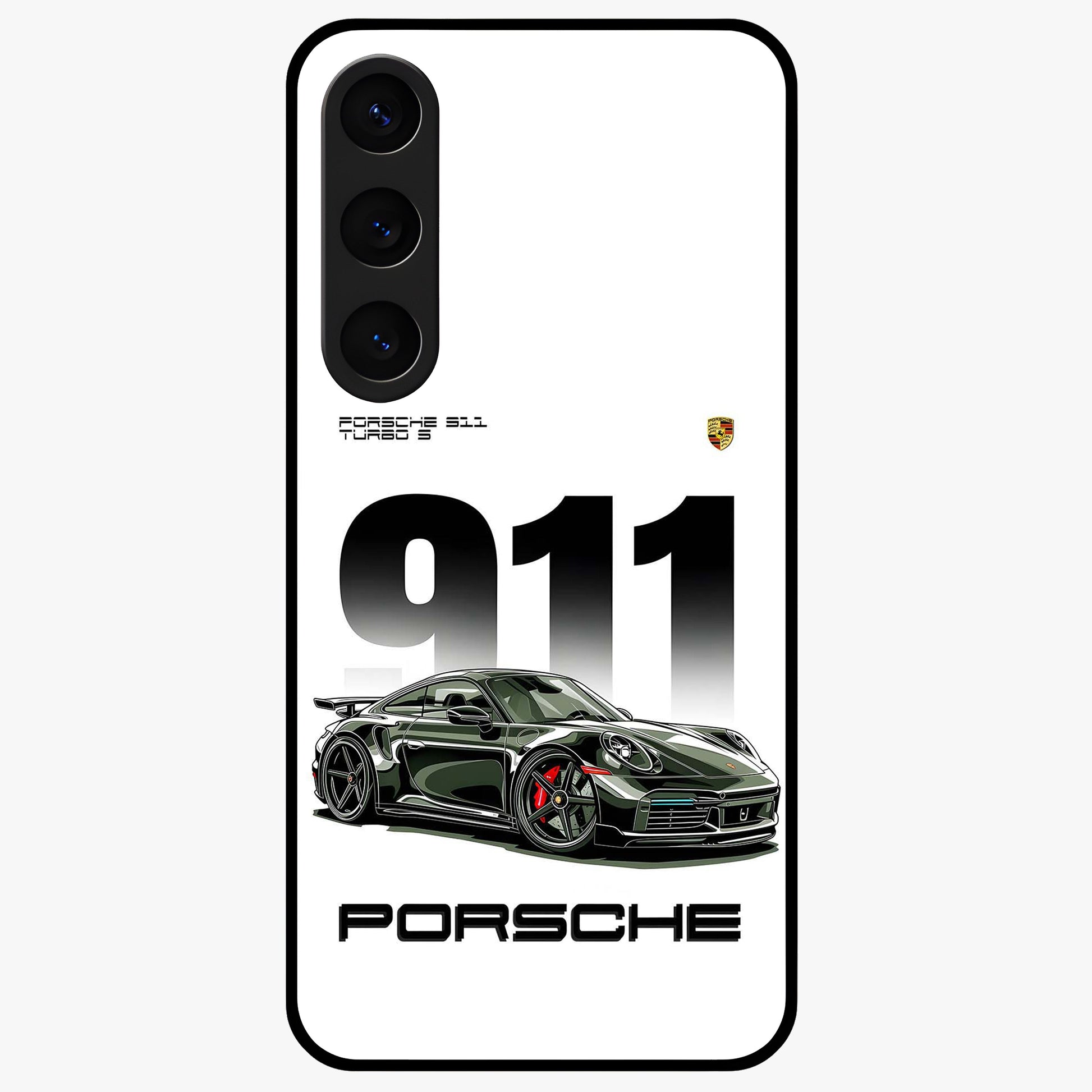 911 Turbo Dominance Glass Case showing clean flat back view with bold 911 sports car artwork and glossy glass finish.