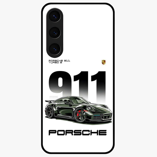 911 Turbo Dominance Glass Case showing clean flat back view with bold 911 sports car artwork and glossy glass finish.