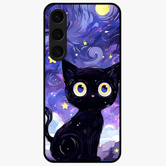Abstract Cat Art Glass Case showing flat back view with artistic cat illustration and glossy glass finish.