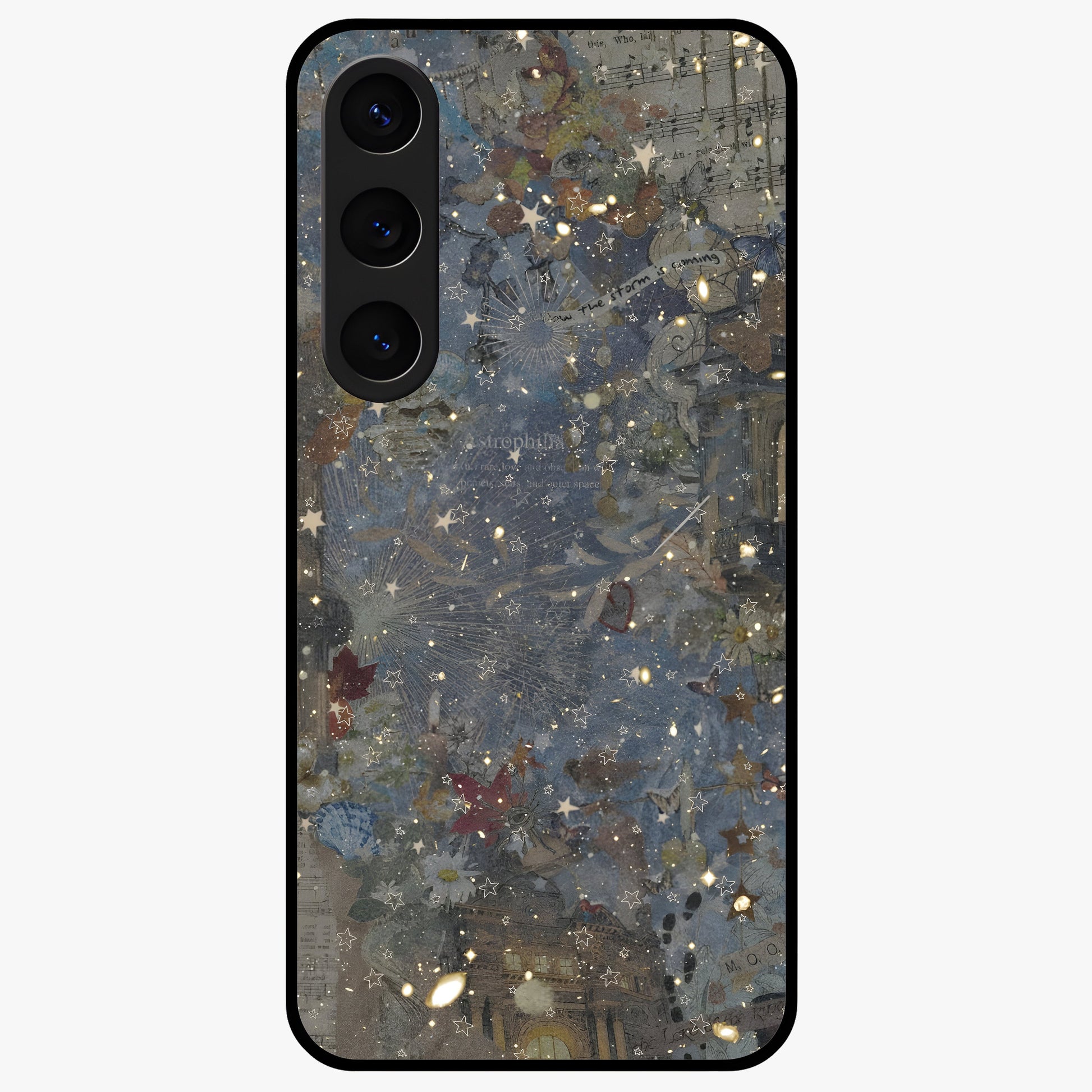 Aesthetic Astrolophia Glass Case showing flat back view with dreamy aesthetic design and glossy glass finish.